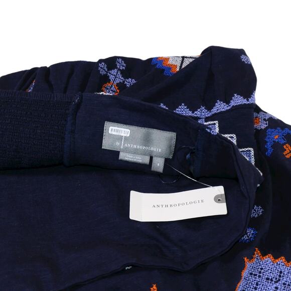 NWT by Anthropologie Navy Blue Off the Shoulder Embroidered Boho Top Smocking S - Picture 6 of 9